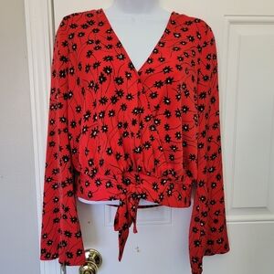 Express Red Black Floral Flare Sleeve Cropped Banded Tie Front Blouse Small